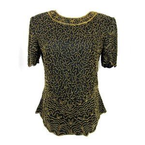 Black Silk Gold Beaded Top Sz Small by Stenay